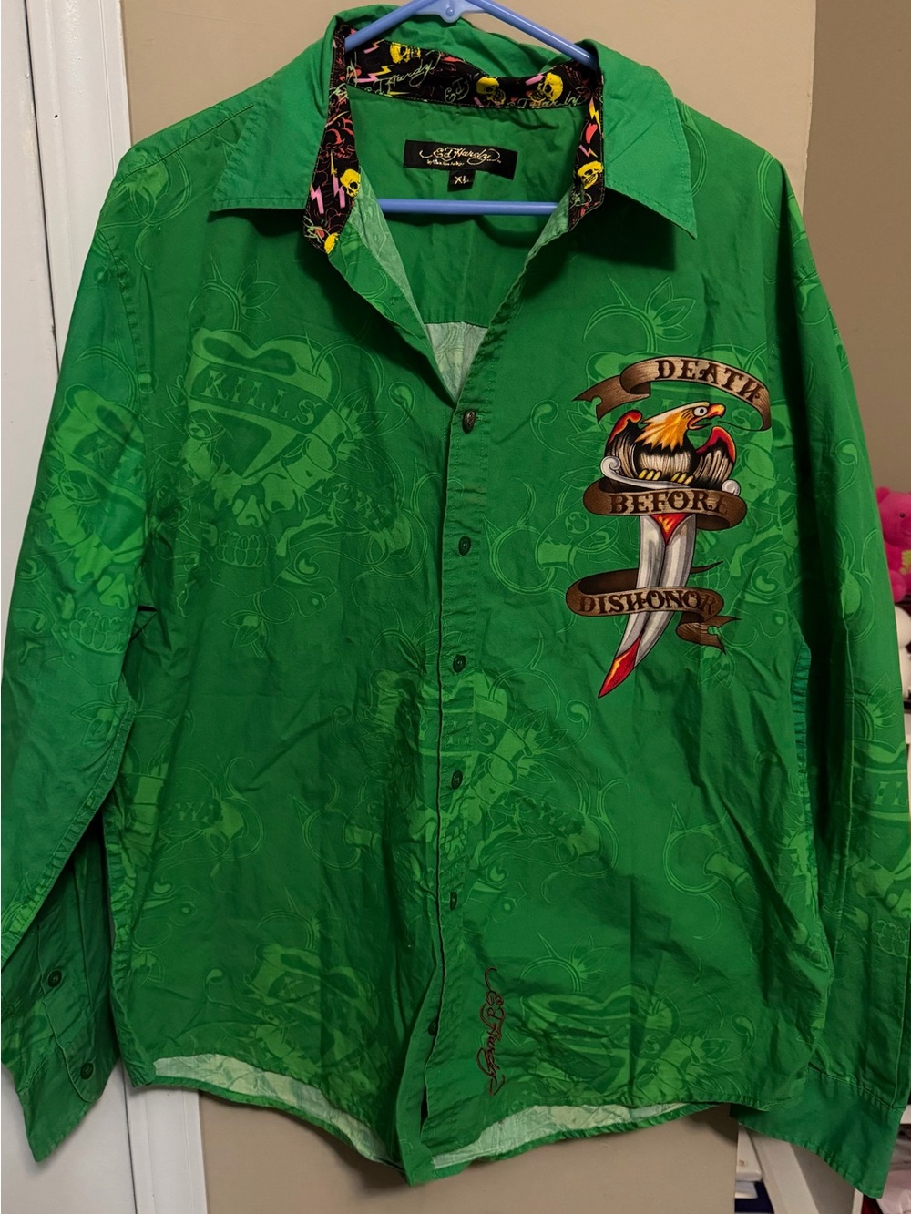 Ed Hardy Bright Green Tattoo-Graphic Button-Up Shirt Jacket